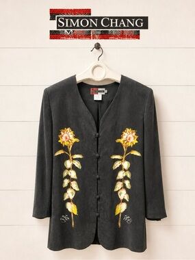 SIMON CHANG - Sunflower Print Jacket with Shoulder Pads - Size 8